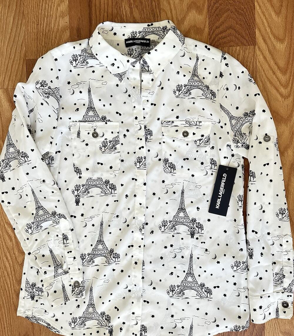 Karl Lagerfeld Paris Shirt Women Small White Eiffel Tower Long Sleeve Blouse New